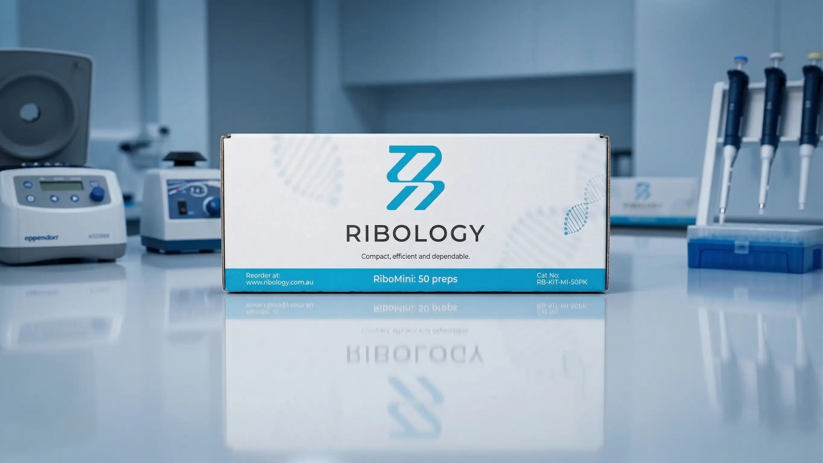 Ribology RNA extraction kit on white reflective lab bench